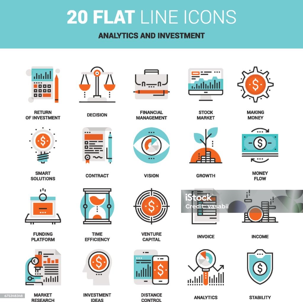 Analytics and Investment Vector set of analytics and investment flat line web icons. Each icon with adjustable strokes neatly designed on pixel perfect 64X64 size grid. Fully editable and easy to use. Accountancy stock vector