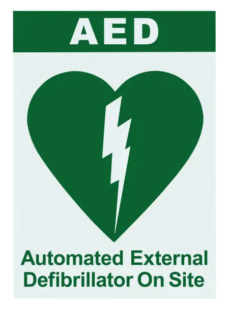 Photo of AED Automated External Defibrillator Inside On Site Text, Green Icon, White Sign Sticker Label Isolated Vertical, Cardiopulmonary Resuscitation Heart Attack Emergency First Aid Concept