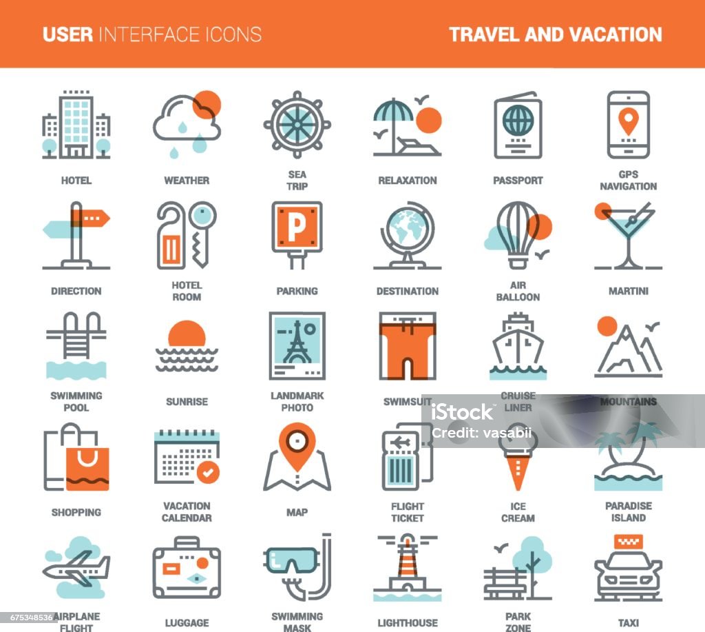 Travel and Vacation Vector set of travel and vacation flat line web icons. Each icon with adjustable strokes neatly designed on pixel perfect 48X48 size grid. Fully editable and easy to use. Passport stock vector
