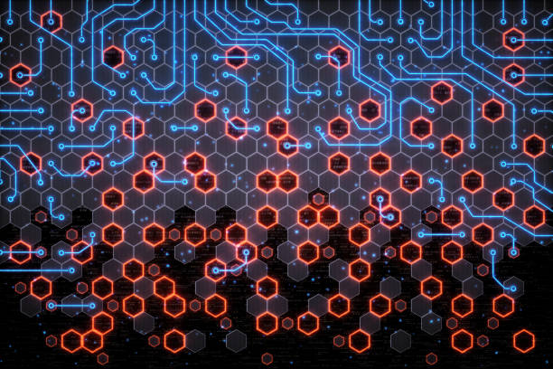 Red And Blue Honeycomb Circuitry A red and blue honeycomb structure with a circuitry design. Abstract technology wallpaper. polymer photos stock pictures, royalty-free photos & images