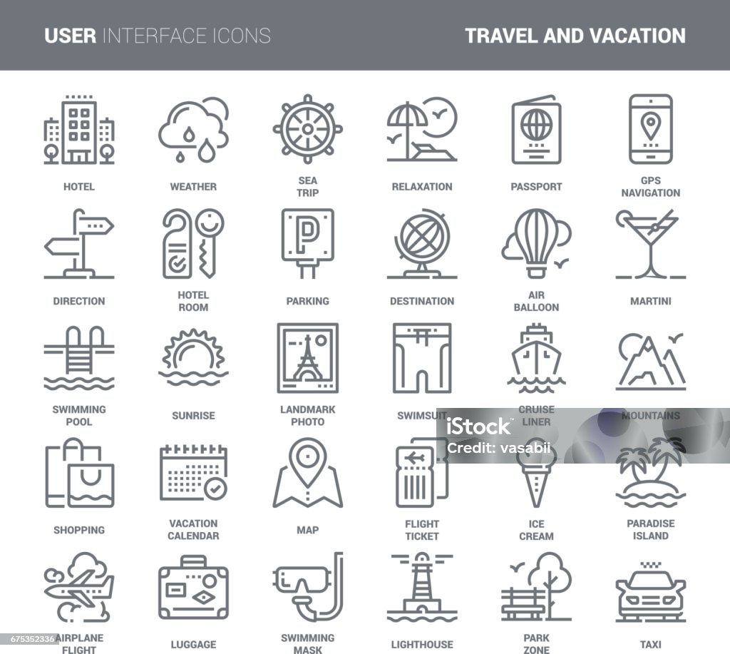 Travel and Vacation Vector set of travel and vacation flat line web icons. Each icon with adjustable strokes neatly designed on pixel perfect 48X48 size grid. Fully editable and easy to use. Icon Symbol stock vector