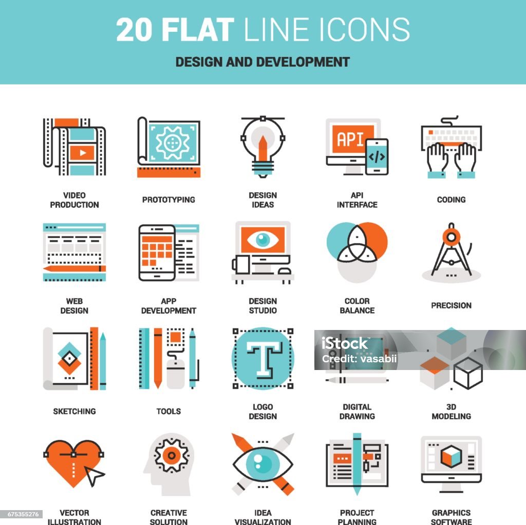 Deisgn and Development Vector set of design and development flat line web icons. Each icon with adjustable strokes neatly designed on pixel perfect 64X64 size grid. Fully editable and easy to use. Internet stock vector