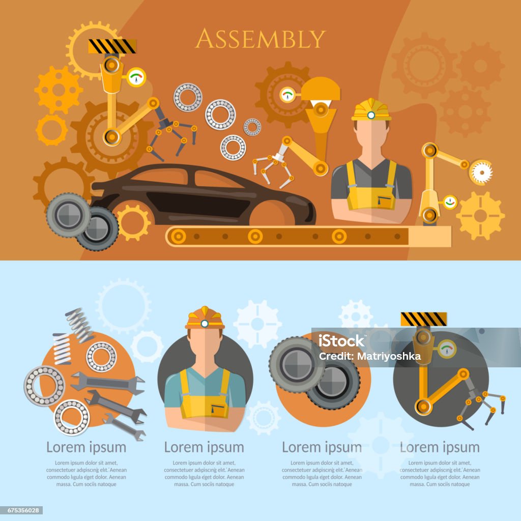 Car assembly line infographics conveyor belt operator automotive industry. Industrial automation conveyor robotic hands for manufacture Engineer stock vector