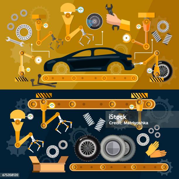 Car Assembly Line Auti Conveyor Belt Yellow Robots Welding Cars In A Production Line Stock Illustration - Download Image Now