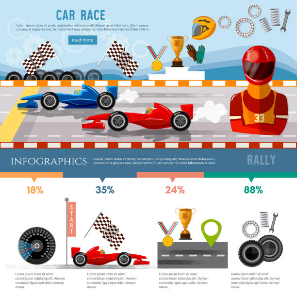 Car racing infographic, auto sport championship symbols and charts, racing formula cars on a start line template vector art illustration