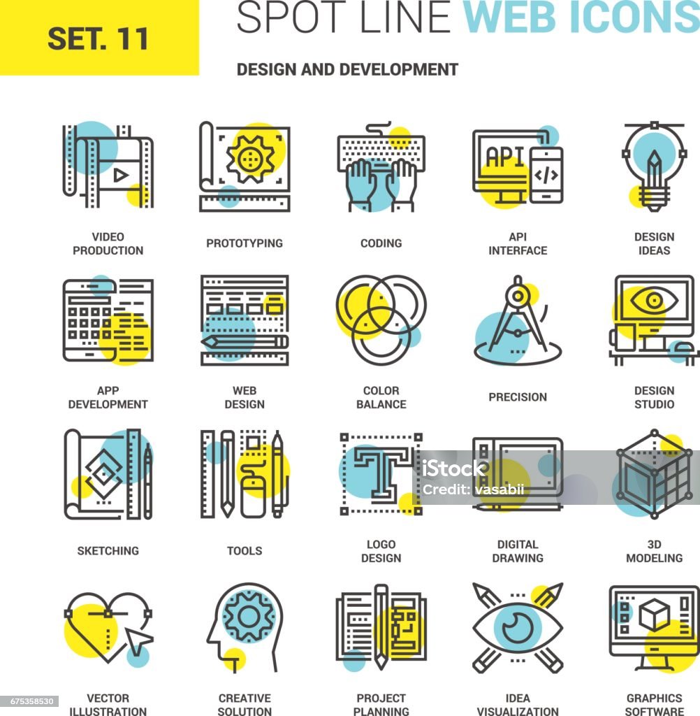 Deisgn and Development Vector set of design and development spot line web icons. Each icon with adjustable strokes neatly designed on pixel perfect 64X64 size grid. Fully editable and easy to use. Blueprint stock vector