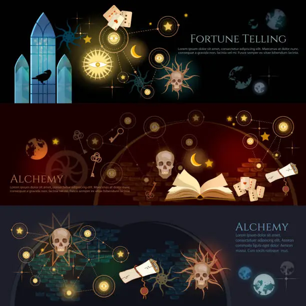 Vector illustration of Fortune telling banner. Medieval alchemy, mysticism, occultism, esotericism.  Medieval castle of wizard. Vintage key, magic objects and scrolls, alchemy concept