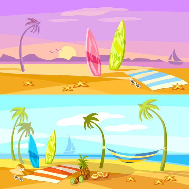 ilustraciones, imágenes clip art, dibujos animados e iconos de stock de verano vacaciones playa sunset escena vector dibujos animados. conjunto de verano vector banners de viaje - miami beach
