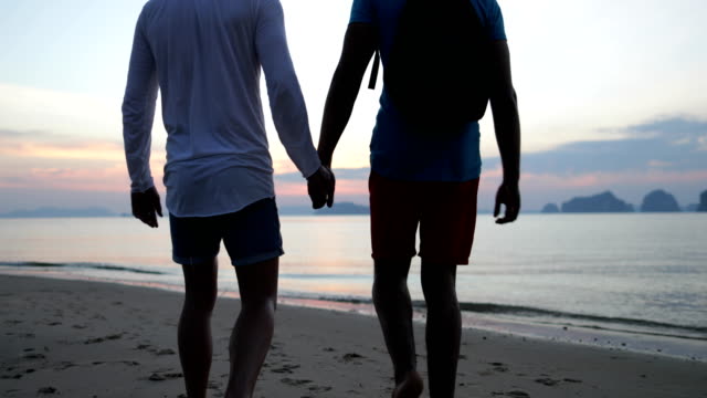 Gay Couple Walk On Beach At Sunset Holding Hands, Back Rear View Two Man