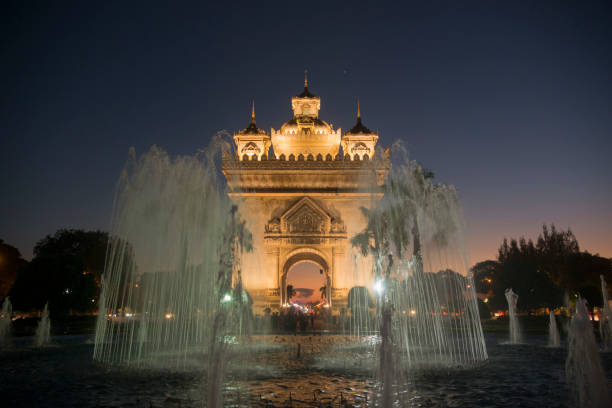 the patuxai arch in the city of vientiane in Laos in the southeastasia.