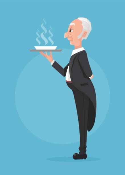 Butler in black tuxedo holding tray with soup dish Butler in black tuxedo holding tray with soup dish. Vector flat cartoon illustration butler stock illustrations