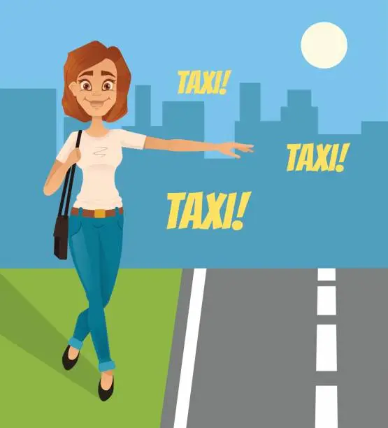 Vector illustration of Happy smiling woman tries to catch taxi car