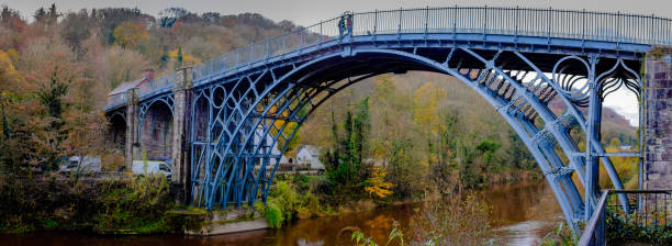 Bridge of Iron Panorama of Iron Bridge, Telford, Shropshire ironbridge shropshire stock pictures, royalty-free photos & images