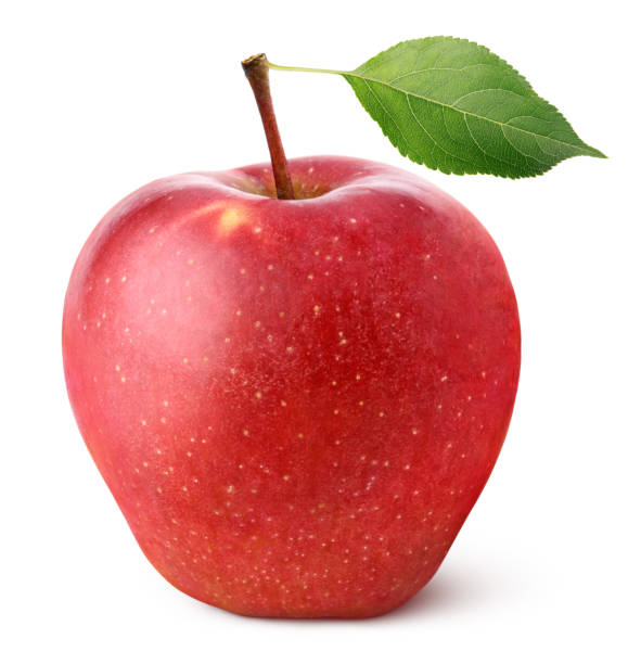 istock Red apple fruit with green leaf isolated on white 675386194