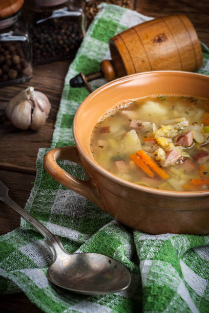 istock Pea soup with vegetables and bacon. 675389050