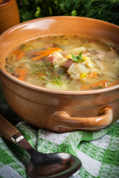 istock Pea soup with vegetables and bacon. 675389522