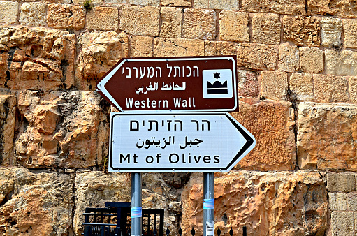 Two street signs marking the directions to the Western Wall and the Mount of Olives in Jerusalem, Israel.