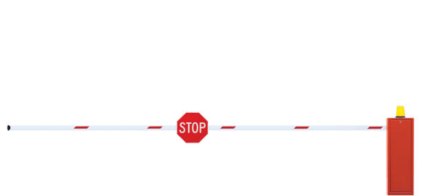 cerramiento de la barrera de carreteras cerradas, roadway gate bar en blanco y rojo, autopista tráfico turnpike peaje parada de seguridad del vehículo punto de entrada, detener signo de advertencia y luz de destello de faro amarillo, naranja bloqueado ai - boundary parking security barrier gate fotografías e imágenes de stock