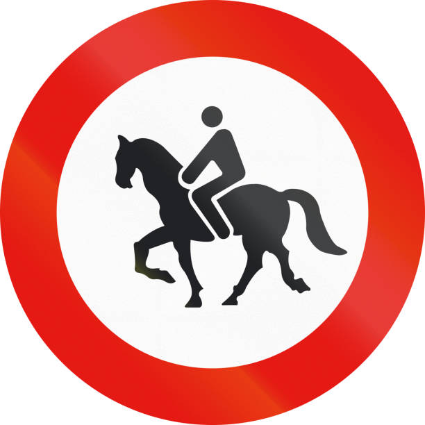 istock Road sign used in Spain - Forbidden entry to equestrians 675398866