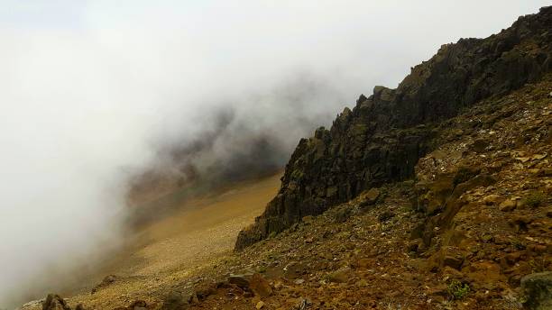 Maui Haleakala Red Mountain cloudy cliff.