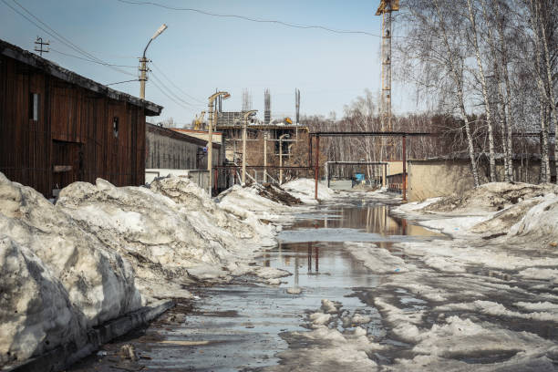 Melting snow in an industrial area in the spring