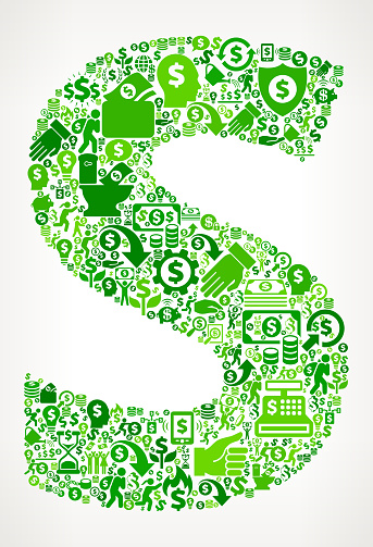 Letter S Money and Finance Green Vector Icon Background. This money and finance vector composition features the main design element in the center and is surrounded by a variety of green icons. The icons include such popular financial items as money, dollar, and dollar bill, coins, and many more. Figures of man and women are also present to give the background a human touch. Ideal for wealth, business and money concepts.