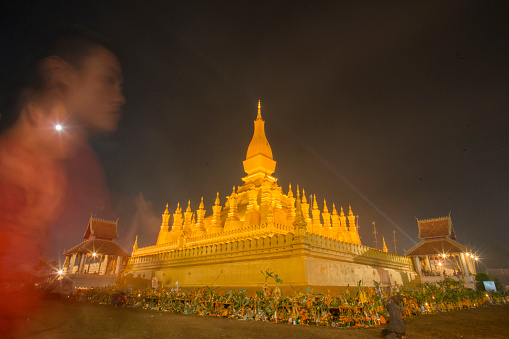the Pha That Luang in the city of vientiane in Laos in the southeastasia.