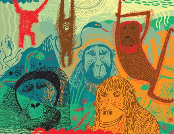 Vector illustration of Jungle with monkeys, gorillas snakes and meerkats