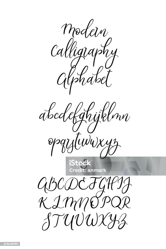 Handwritten Brush Letters. ABC. Modern Calligraphy. Hand Lettering Vector Alphabet Calligraphic vector font. Uppercase, lowercase, ampersand. Wedding brush calligraphy. Handwritten script alphabet Handwriting stock vector