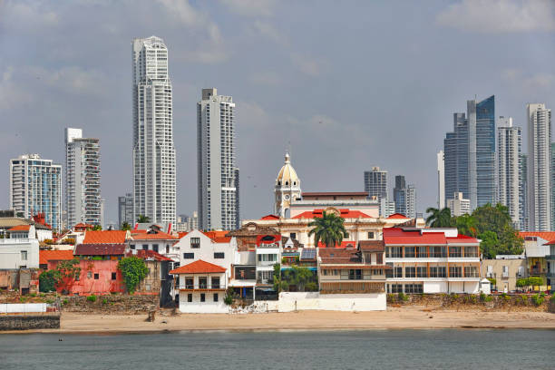 View of Casco Viejo and Panama City. View of Casco Viejo with Panama City skyline in background. Contrast of old and new. Casco stock pictures, royalty-free photos & images