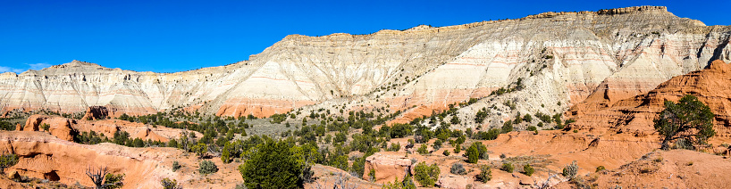 A panoramic view of the beautifully colored rocks at Kodachrome State Park in Utah.