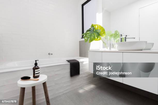 Stylish Family Bathroom In A White Scandinavian Theme Stock Photo - Download Image Now
