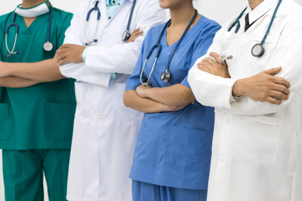 istock Doctors group, surgeon and nurse on white background 675458904