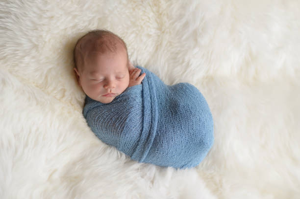 Swaddled, Sleeping Newborn Baby Boy Sleeping, nine day old newborn baby boy swaddled in a light blue wrap. Shot in the studio on a white sheepskin rug. sleeping photos stock pictures, royalty-free photos & images
