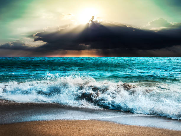 istock Sea storm nature with sunbeam ray and cloud storm 675471952