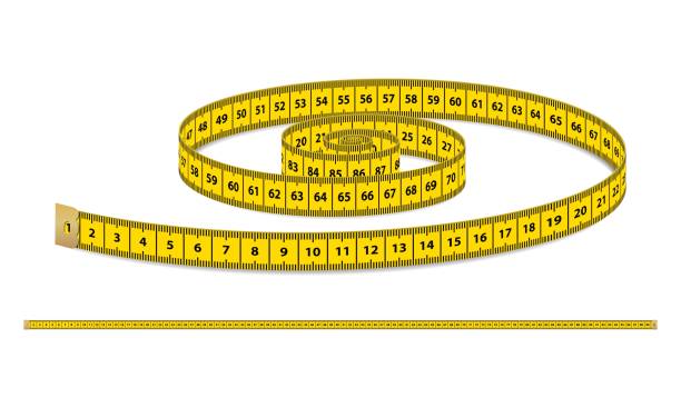 realistische vektor gelb maßband, gurt für kleidung isoliert auf weißem hintergrund. design-vorlage in eps10 - ruler measuring instrument of measurement white stock-grafiken, -clipart, -cartoons und -symbole