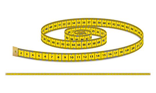 Vector yellow realistic measuring tape, strap for clothing isolated on white background. Design template, EPS10 illustration.