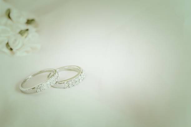 istock Two wedding rings laying on wedding dress 675481796