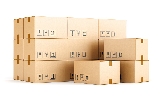 Cardboard boxes isolated on white background. Warehouse, shipping, cargo and delivery concept. 3D illustration