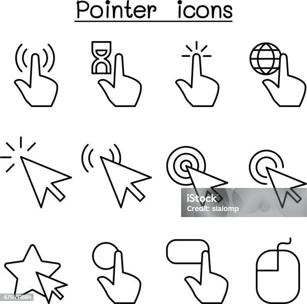 Cursor Pointer Click Arrow Finger Icon Set In Thin Line Style Stock Illustration - Download Image Now