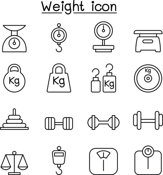 Weight, scale, balance, icon set in thin line style Weight, scale, balance, icon set in thin line style scale weight stock illustrations