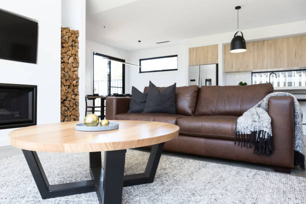 Luxury living room with leather sofa and oak coffee table