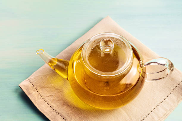 istock Teapot full of tea on teal texture with copyspace 675501204