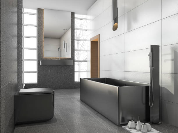 istock 3d rendering grey stainless metal bathroom with white tile and stone tile 675506968