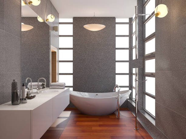 istock 3d rendering wood modern bathroom with window and stone tile wall 675507802