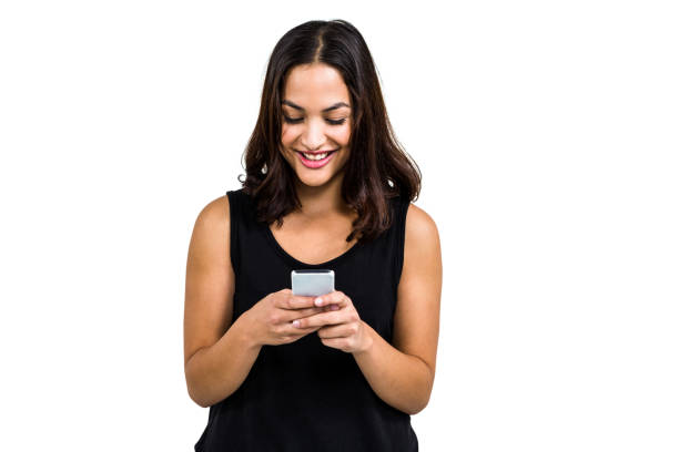 istock Happy beautiful woman using phone 675508978
