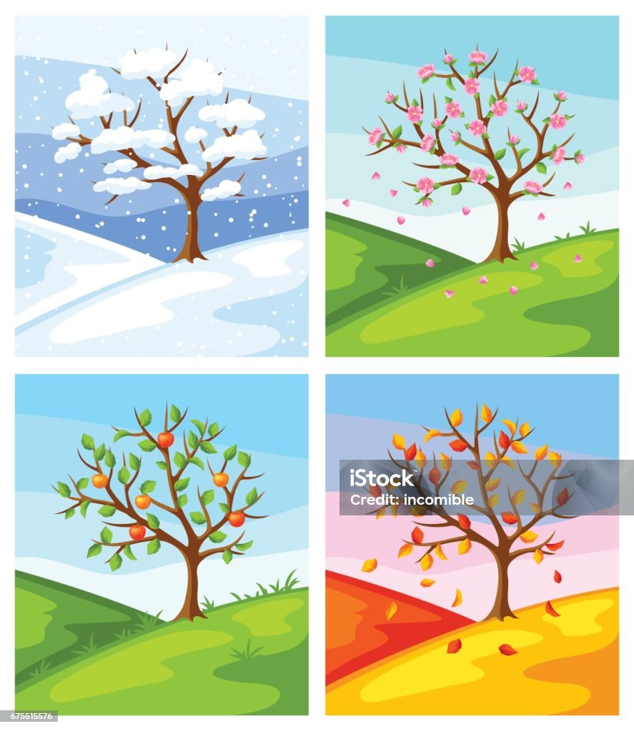 Quattro stagioni. Illustrazione di albero e paesaggio in inverno, primavera, estate, autunno - arte vettoriale royalty-free di Le quattro stagioni