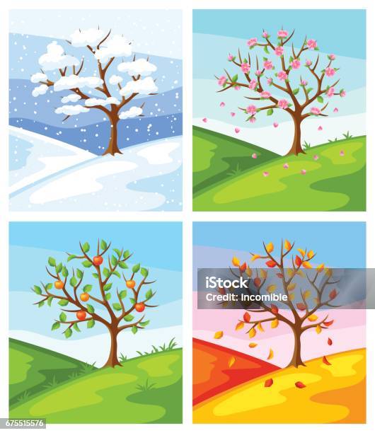 Четыре Сезона Иллюстрация Дерева И Ландшафта Зимой Весной Летом Осенью — стоковая векторная графика и другие изображения на тему Четыре времени года