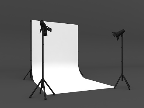 Photo Studio with White Screen a isolated on grey background,  3d rendering
