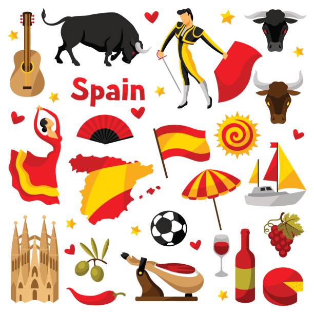 spanien-symbole festgelegt. spanische traditionelle symbole und objekte - bulle männliches tier stock-grafiken, -clipart, -cartoons und -symbole